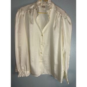 Vintage Keri Ann Cream Floral Jacquard Ruffle Neck Blouse Puff Sleeve Size 38